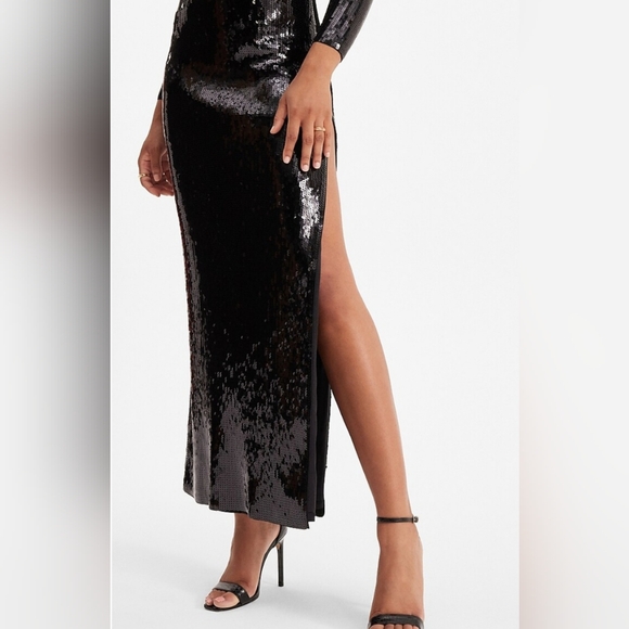 NWT-Express Sequin Mock Neck Long Sleeve Maxi Dress - Picture 2 of 6